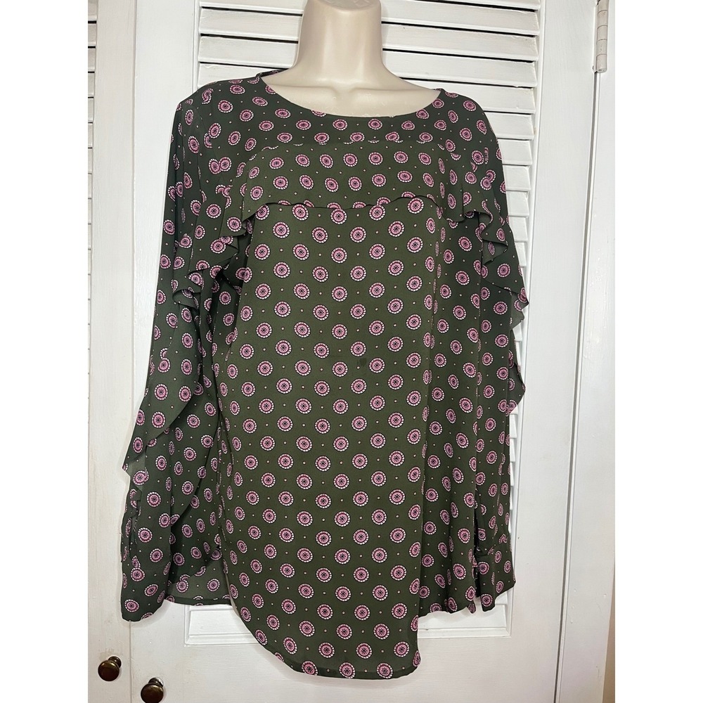 2015 Banana Republic Ruffled Long Sleeve Top Olive Green Pink Print Blouse M